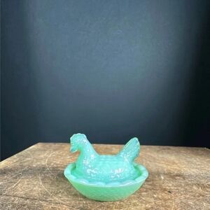 Green Glass Hen on Nest Dish